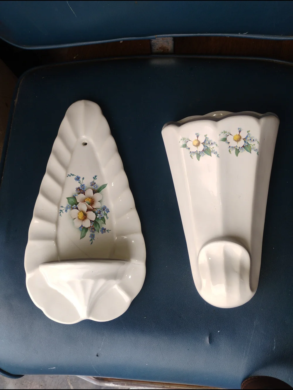 Vintage Mccoy White Ceramic Floral Wall Pockets with Yellow-Centered Blooms